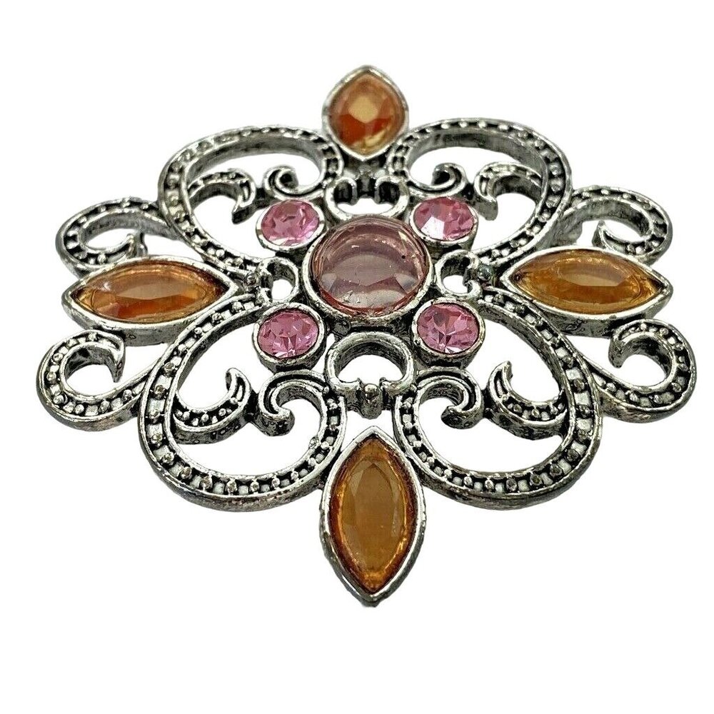 Brooch Pin Fashion Jewelry Rhinestones Amber Pink Silver Tone - Picture 2 of 9
